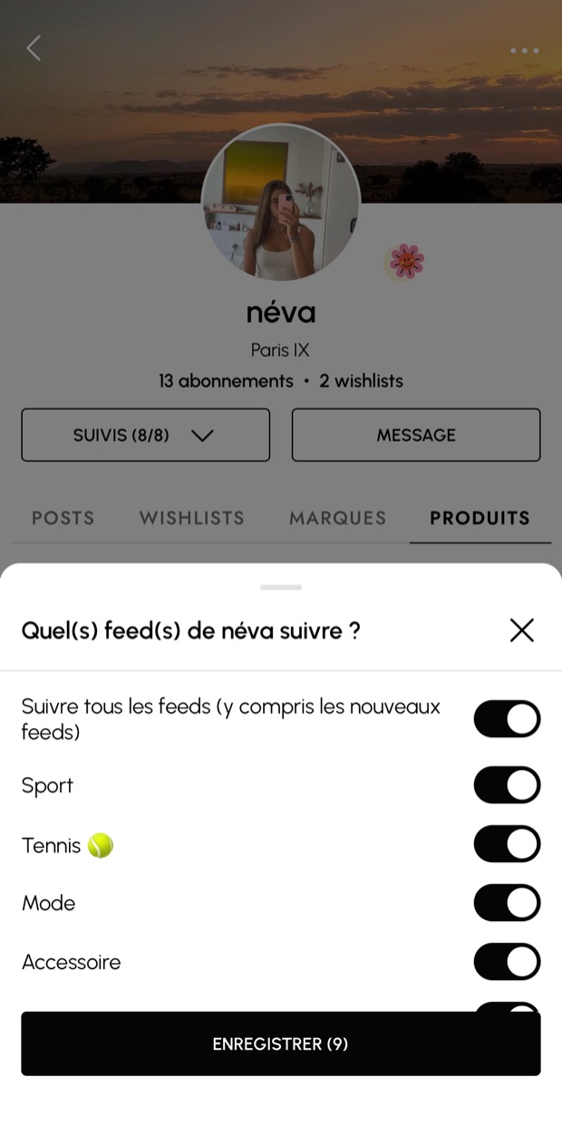 La fenêtre « Quel(s) feed(s) de néva suivre ? » : un interrupteur par feed — tous les feeds, Sport, Tennis, Mode, Accessoire.