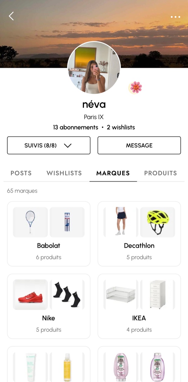L’onglet Marques du profil de Néva : 65 marques, dont Babolat, Decathlon, Nike et IKEA, avec le nombre de produits partagés pour chacune.