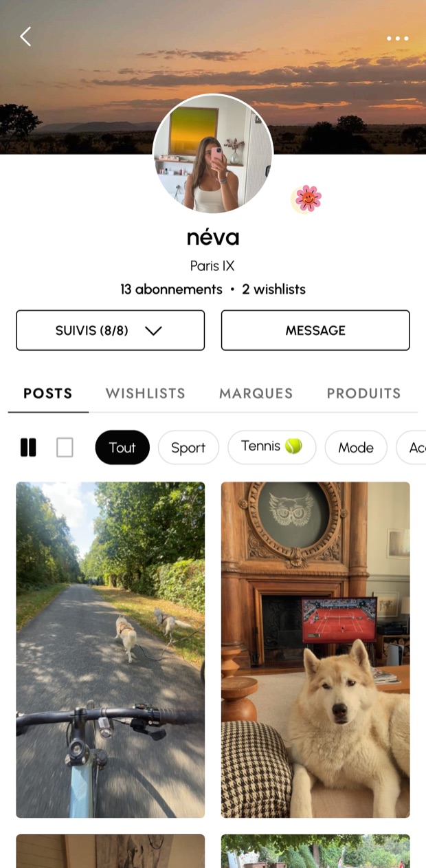L’onglet Posts du profil de Néva : ses publications en mosaïque, filtrables par feed — Tout, Sport, Tennis, Mode.