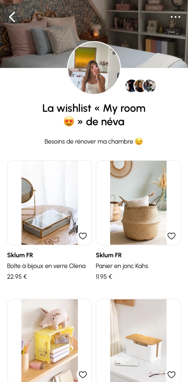 La wishlist « My room » de Néva, sous-titrée « Besoins de rénover ma chambre » : une boîte à bijoux et un panier en jonc de Sklum, avec leur prix.