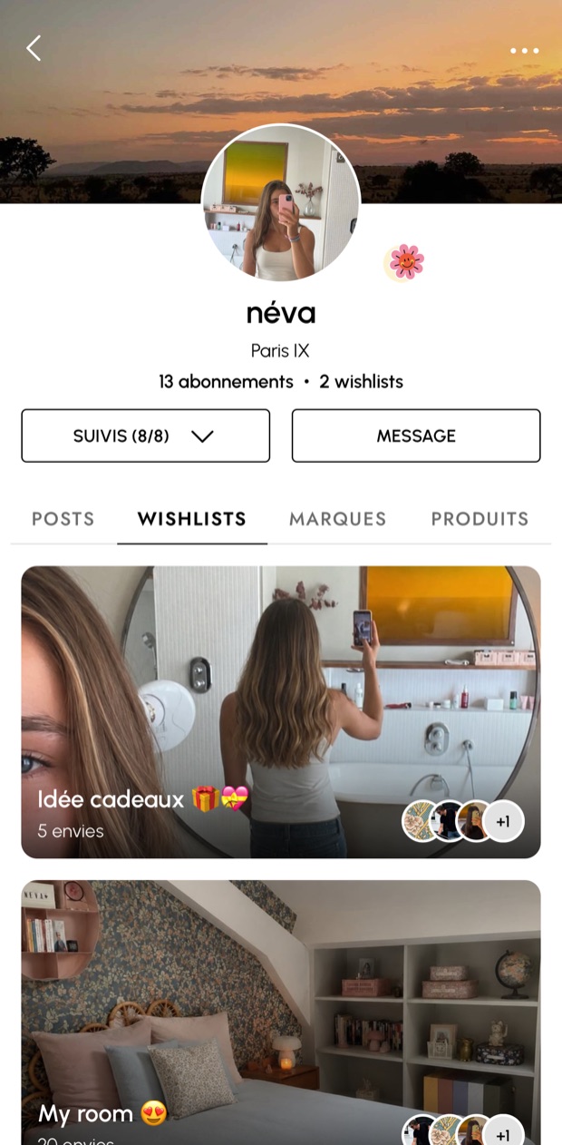 L’onglet Wishlists du profil de Néva : deux wishlists illustrées, « Idée cadeaux » et « My room », avec le nombre d’envies de chacune.