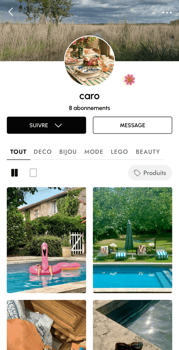 Le profil de la joezzeuse caro : sa photo, ses abonnements, et ses publications rangées en feeds thématiques — Déco, Bijou, Mode, Lego, Beauty.