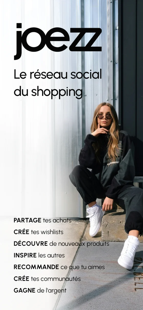 L'écran de présentation de joezz, « le réseau social du shopping », et les six gestes qu'on y fait : partager ses achats, créer ses wishlists, découvrir de nouveaux produits, inspirer les autres, recommander ce qu'on aime, gagner de l'argent.