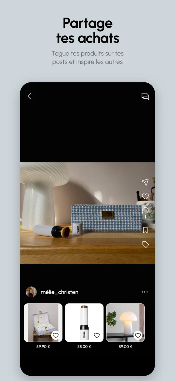 « Partage tes achats » : une photo publiée sur joezz, dont les produits visibles sont taggués et repris sous l'image avec leur prix.