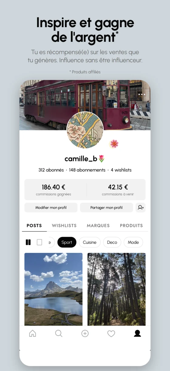 « Inspire et gagne de l'argent » : le profil d'une joezzeuse, avec ses abonnés, ses wishlists et les commissions qu'elle a gagnées sur les ventes qu'elle a générées.