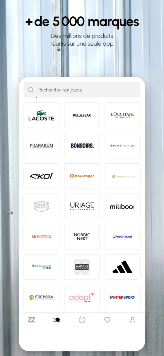 « Plus de 5 000 marques » : la recherche de joezz et sa grille de logos, de Lacoste à Intersport en passant par L'Occitane et Uriage.