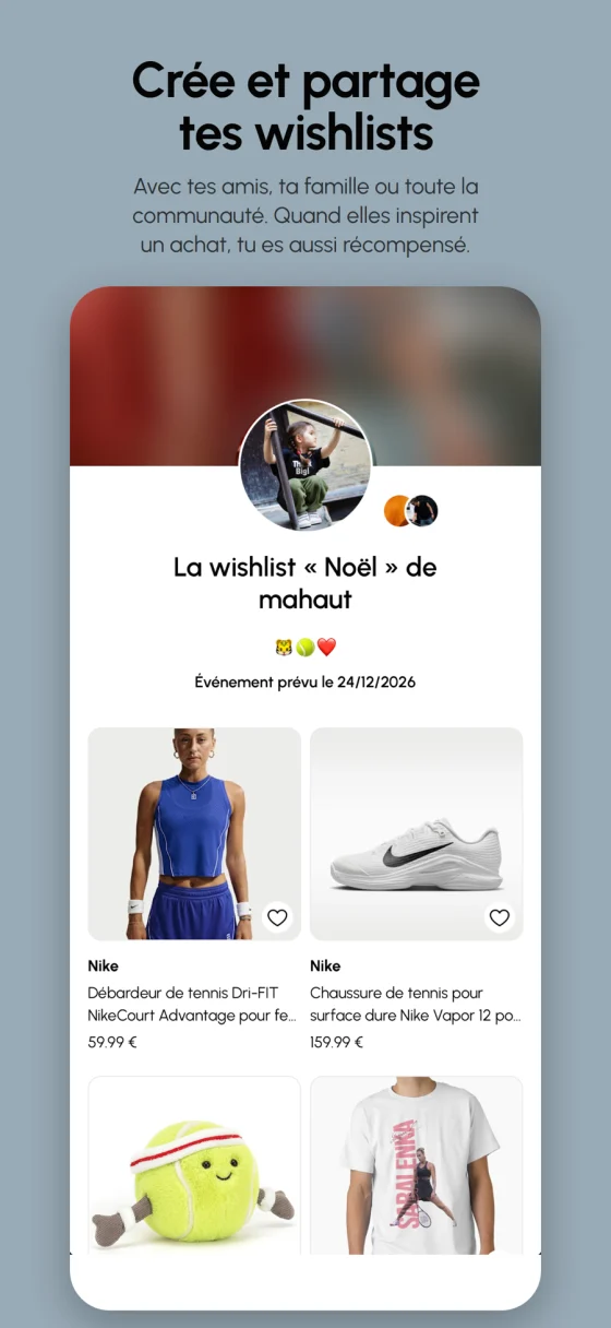 « Crée et partage tes wishlists » : une wishlist de Noël sur joezz, avec sa date d'événement et les articles qui y ont été ajoutés.
