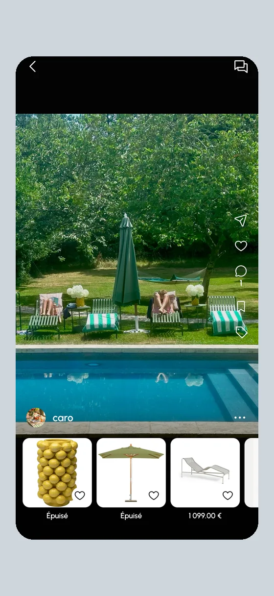 Une publication de caro : un jardin au bord d'une piscine, avec des transats rayés vert et blanc, un parasol et un hamac. Les produits sont repris sous la photo — un vase citrons, le parasol, et un bain de soleil à 1 099 €.