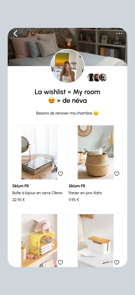 La wishlist « My room » de néva, « Besoins de rénover ma chambre » : une liste d'articles Sklum avec leur prix — une boîte à bijoux en verre à 22,95 €, un panier en jonc à 11,95 €.